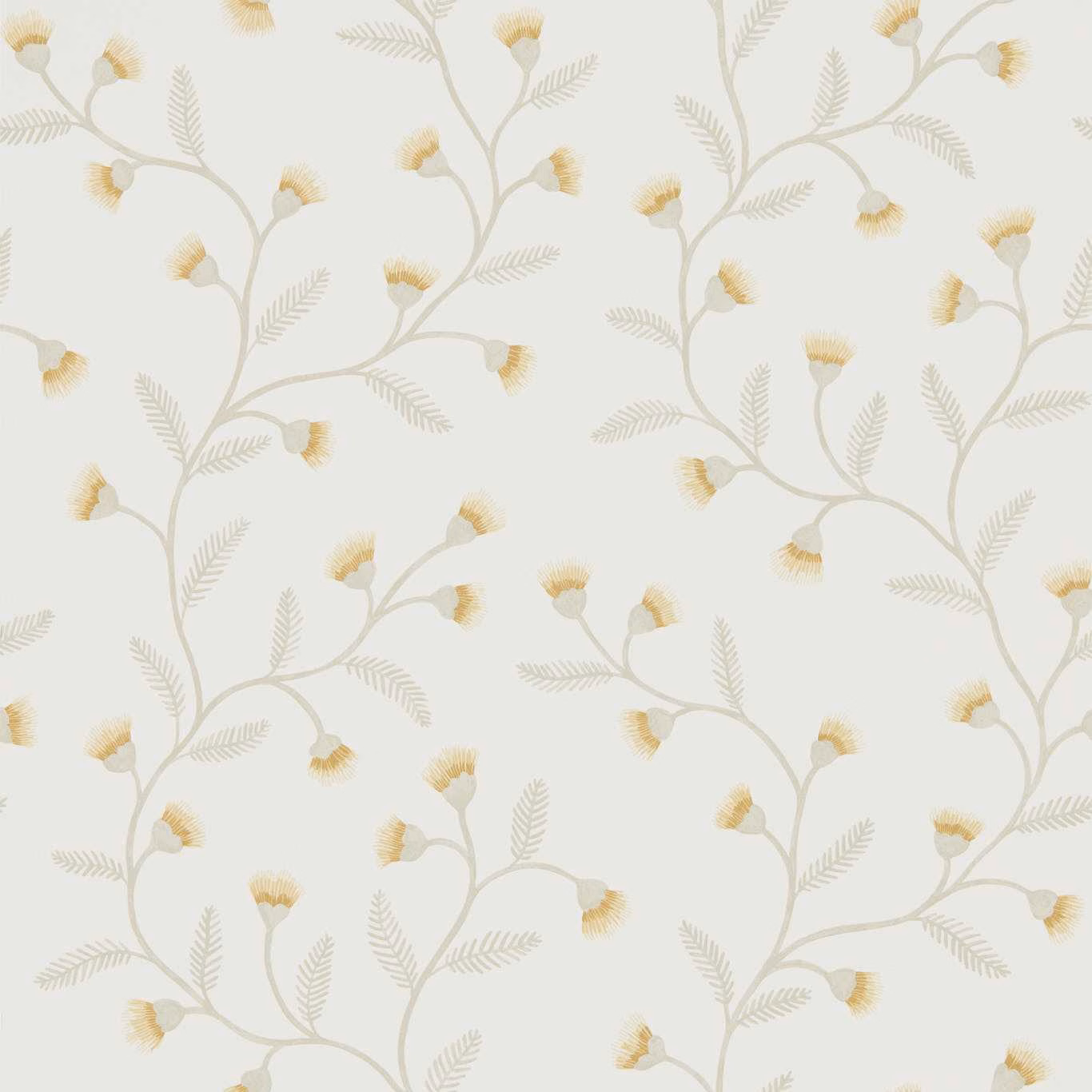 Pale barley wallpaper with sage sprigs, grey stems and soft ochre flower heads