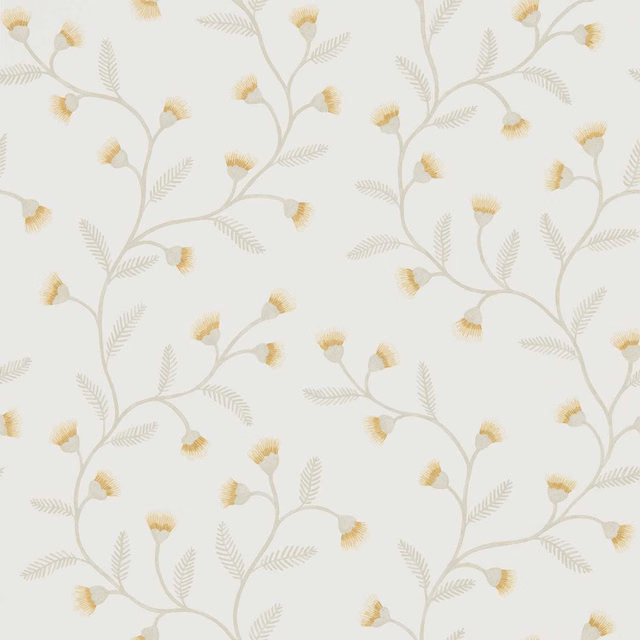 Pale barley wallpaper with sage sprigs, grey stems and soft ochre flower heads