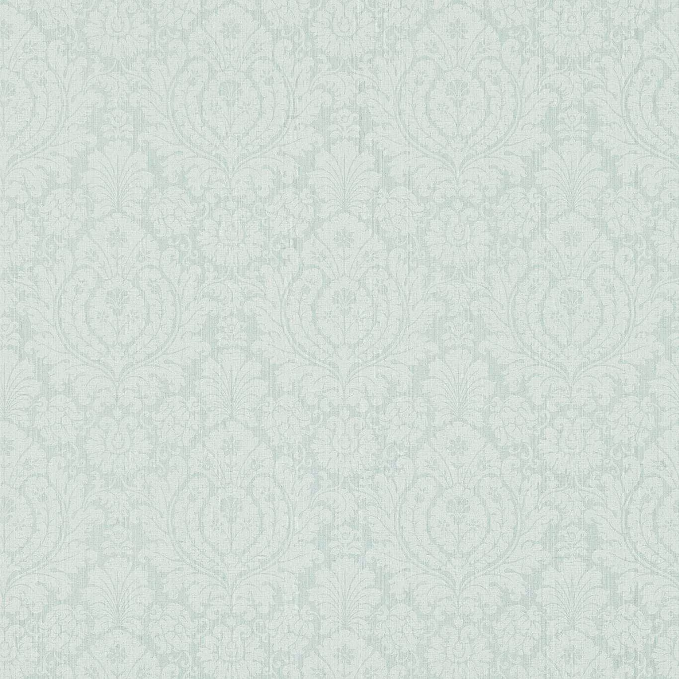 Pale blue-green eggshell wallpaper with tonal damask foliage and scrolling floral motifs
