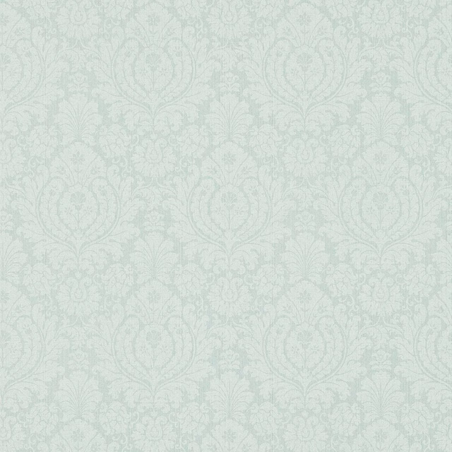 Pale blue-green eggshell wallpaper with tonal damask foliage and scrolling floral motifs