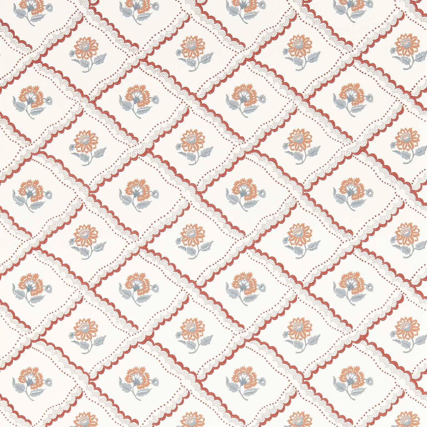 Cream wallpaper with berry diamond borders and sandstone floral sprigs