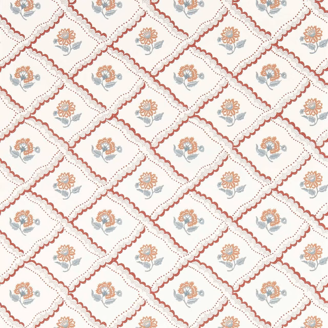 Cream wallpaper with berry diamond borders and sandstone floral sprigs