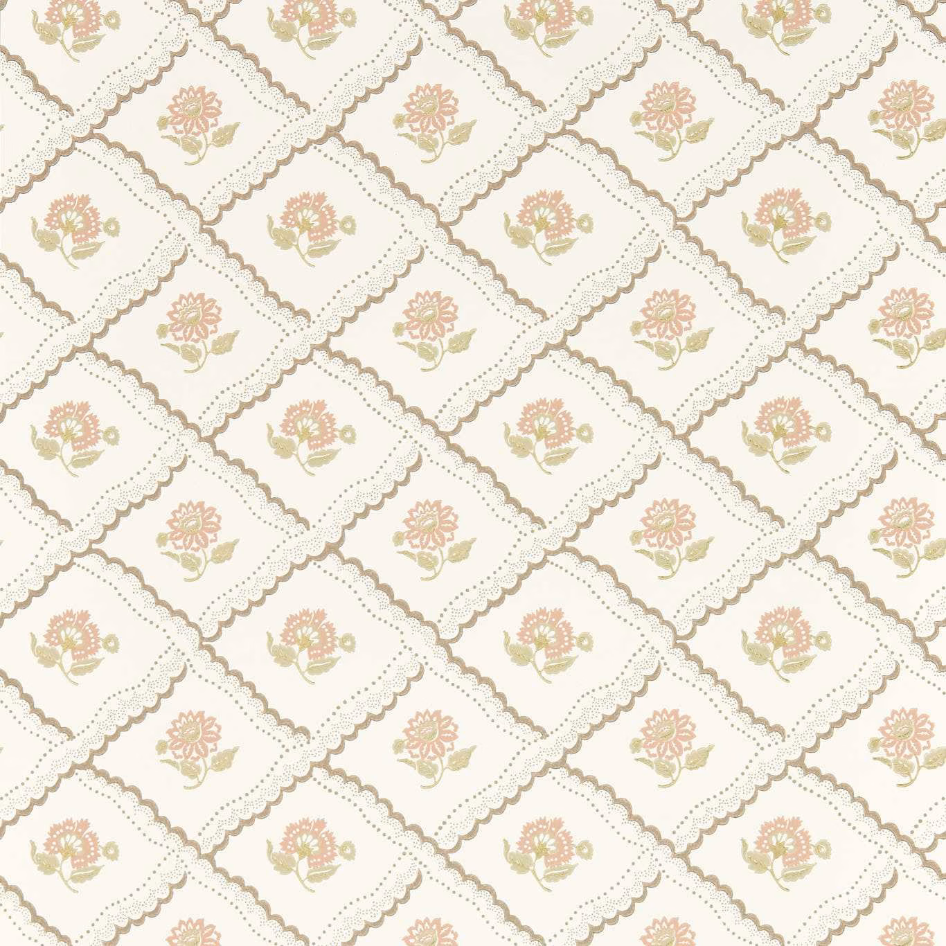 Putty wallpaper with chocolate scalloped diamonds and muted pink and olive flowers