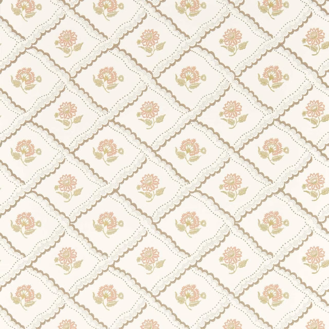 Putty wallpaper with chocolate scalloped diamonds and muted pink and olive flowers