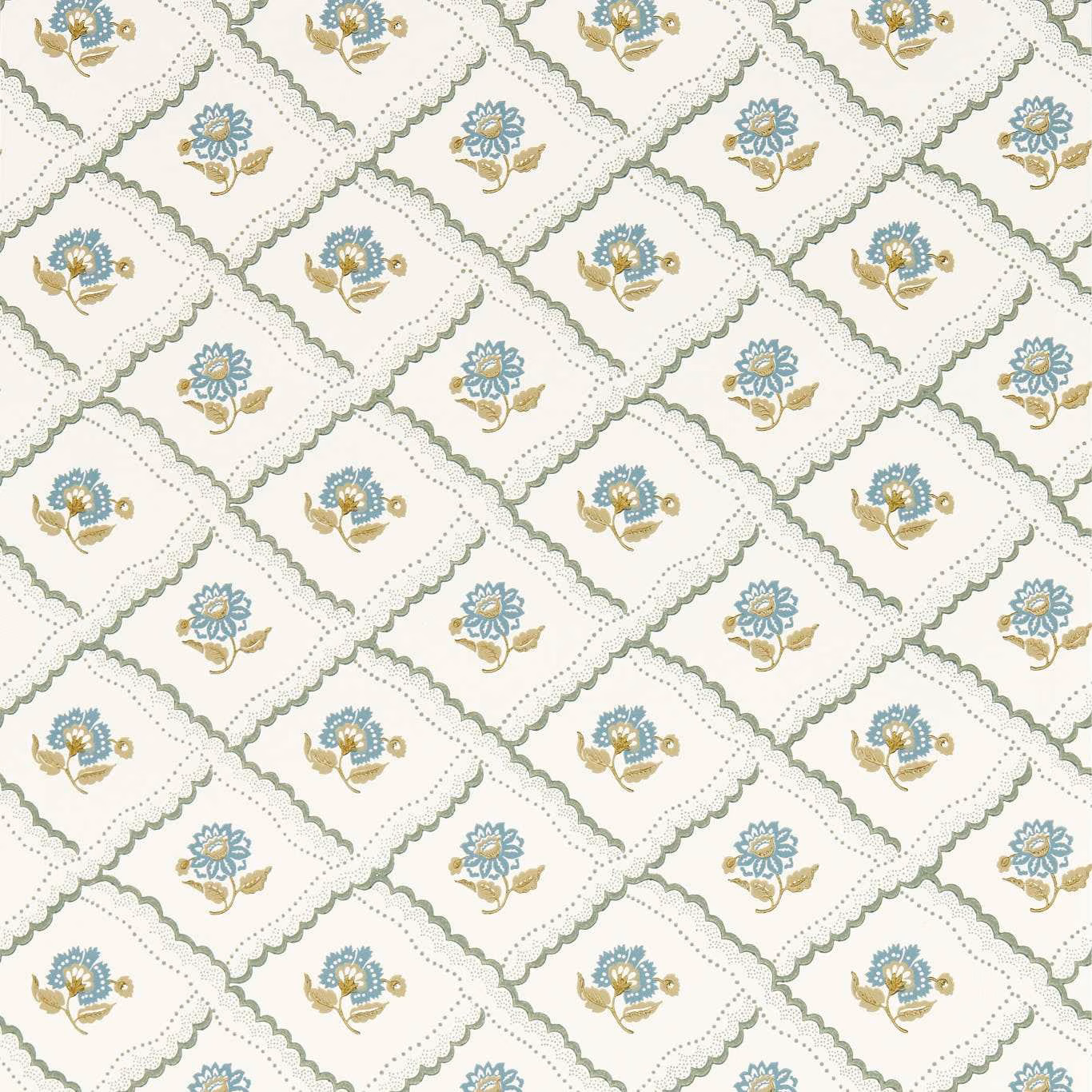 Cream wallpaper with olive diamond lattice and repeated blue-and-gold floral sprigs