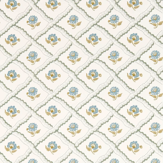 Cream wallpaper with olive diamond lattice and repeated blue-and-gold floral sprigs