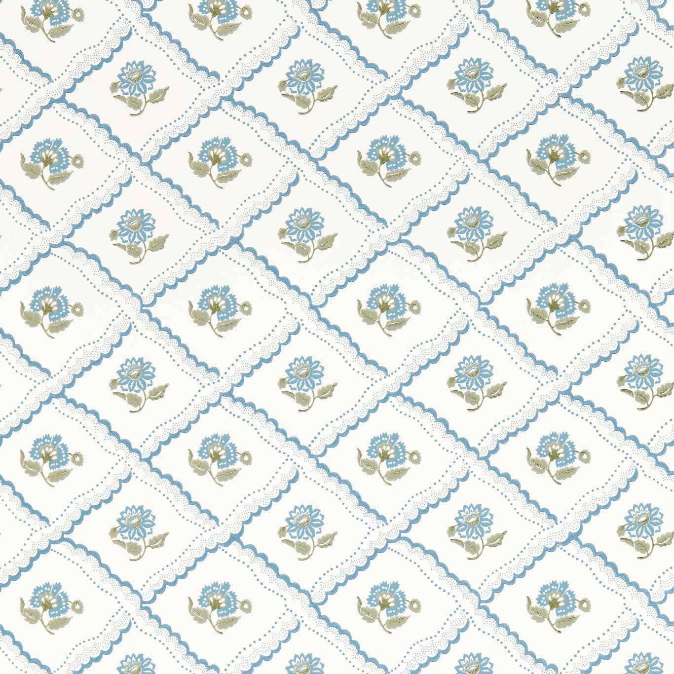 Cream wallpaper with blue diamond trellis, olive leaves and small floral sprigs