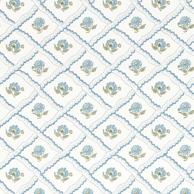 Cream wallpaper with blue diamond trellis, olive leaves and small floral sprigs