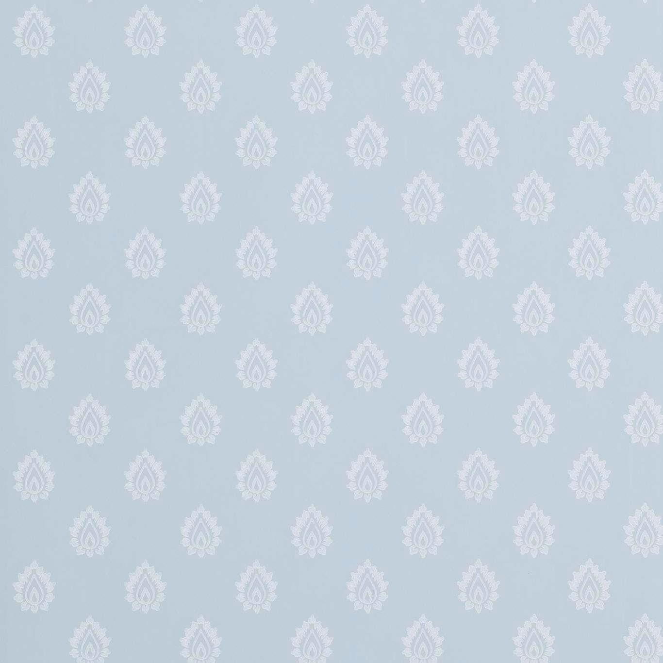 Pale blue-grey wallpaper with evenly spaced ivory teardrop leaf motifs