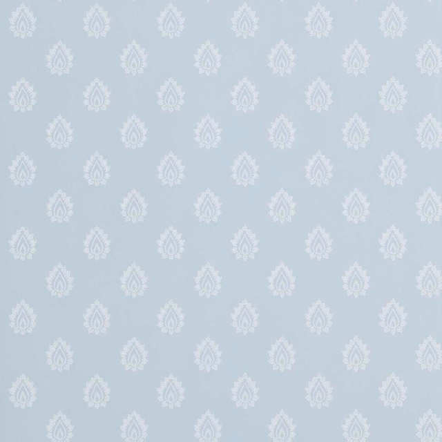Pale blue-grey wallpaper with evenly spaced ivory teardrop leaf motifs