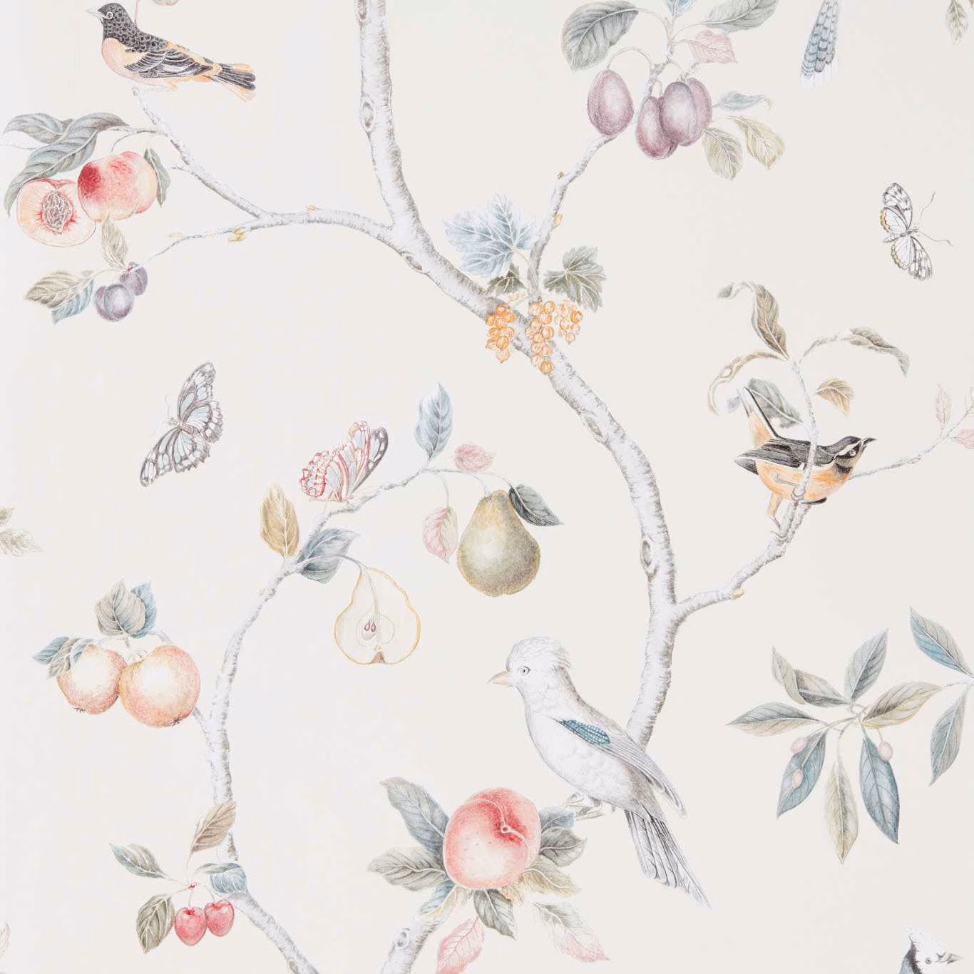Warm cream wallpaper with pastel orchard fruit, birds, branches and butterflies