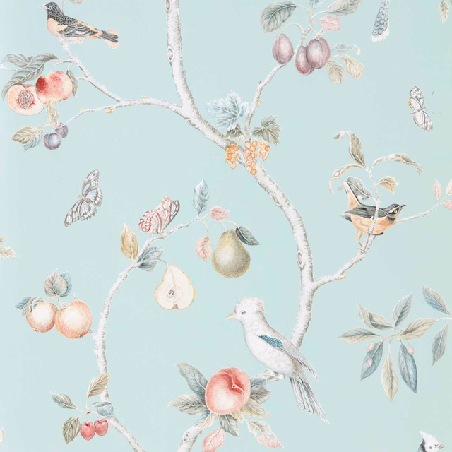 Pale duck-egg wallpaper with illustrated birds, fruit, branches and butterflies