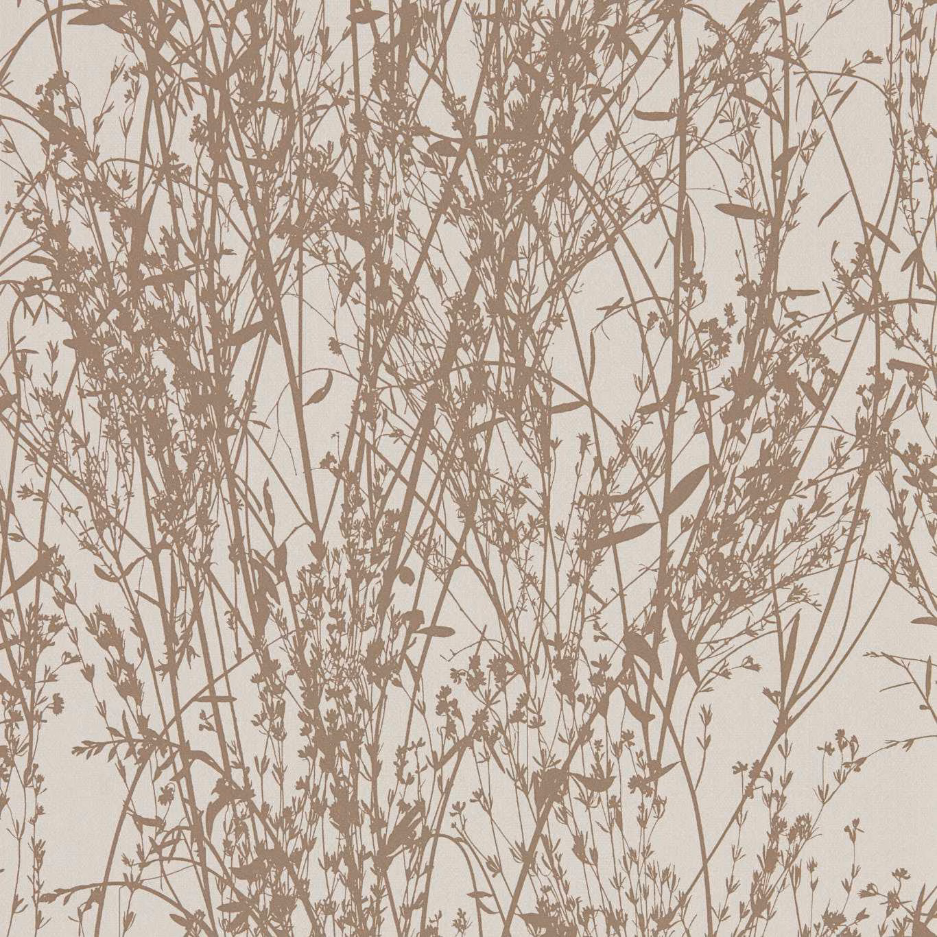 Taupe branching woodland stems and seed heads on a pale linen wallpaper ground