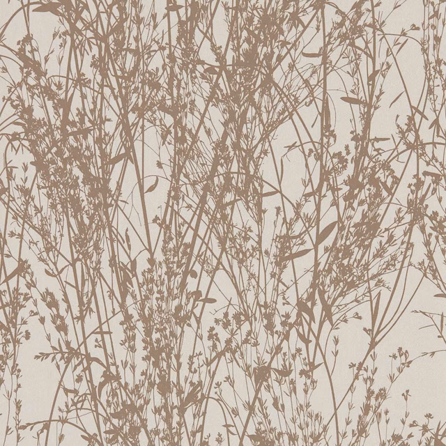 Taupe branching woodland stems and seed heads on a pale linen wallpaper ground