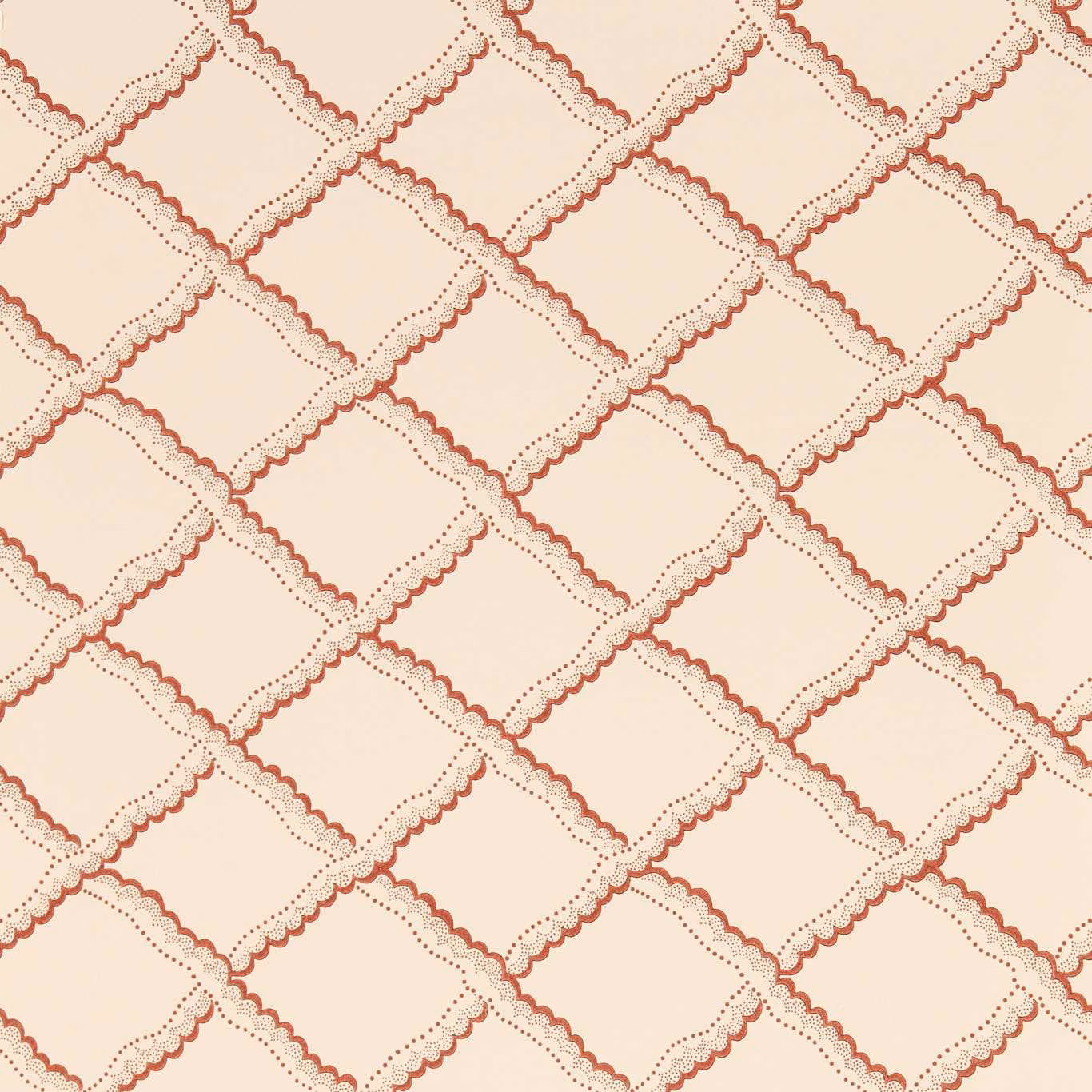 Pink-clay wallpaper with berry scalloped diamond lattice and dotted borders