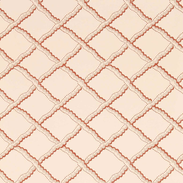 Pink-clay wallpaper with berry scalloped diamond lattice and dotted borders