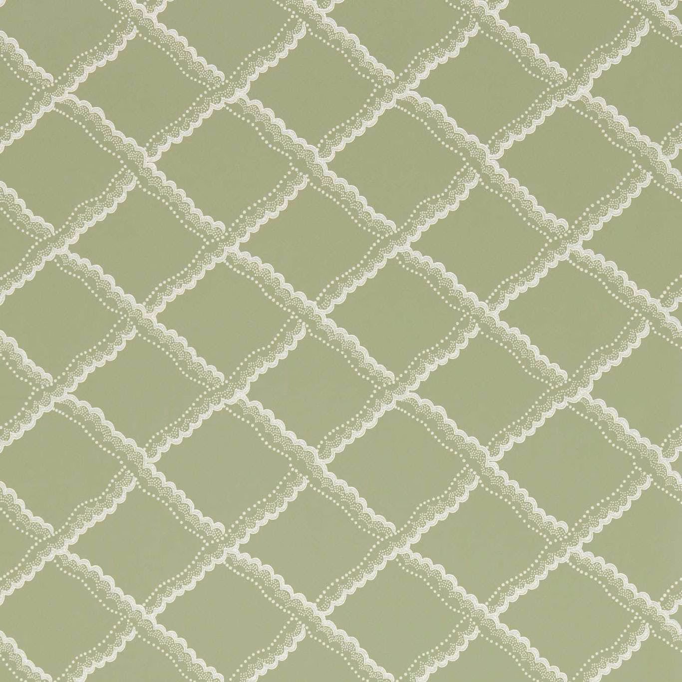 Muted sage-green wallpaper with cream scalloped diamond trellis and dotted detailing