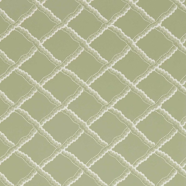 Muted sage-green wallpaper with cream scalloped diamond trellis and dotted detailing