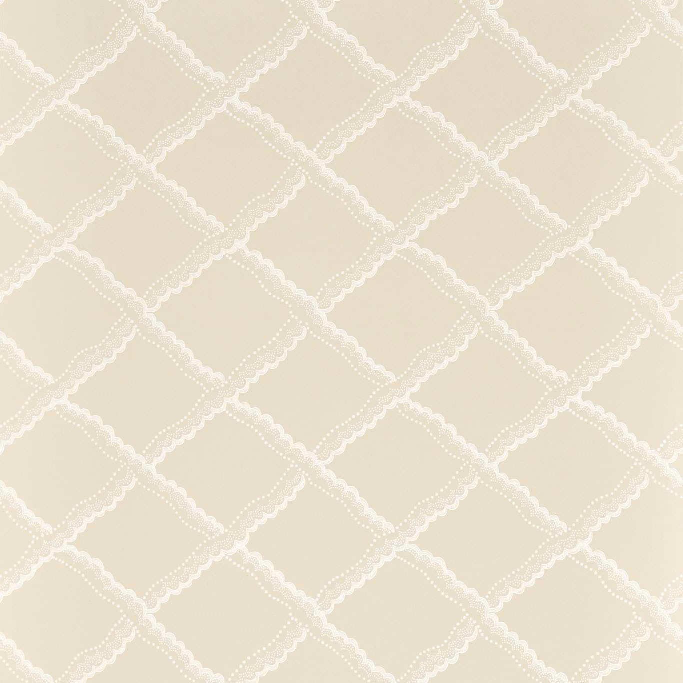 Pale clay beige wallpaper with white scalloped diamond lattice and dotted detailing