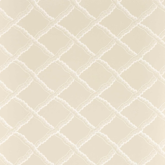 Pale clay beige wallpaper with white scalloped diamond lattice and dotted detailing