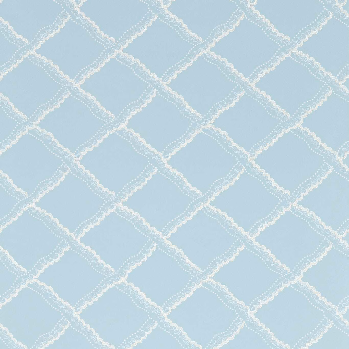 Pale Wedgwood blue wallpaper with ivory scalloped diamond lattice and dotted detailing