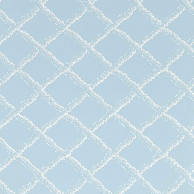 Pale Wedgwood blue wallpaper with ivory scalloped diamond lattice and dotted detailing