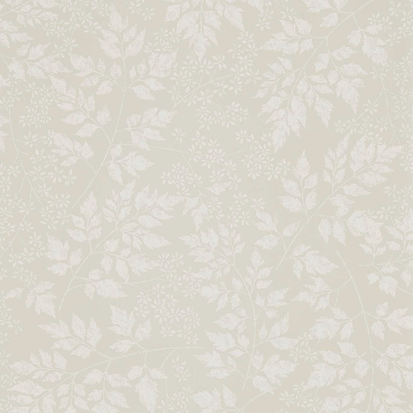Pale barley beige wallpaper with ivory trailing leaves, stems and delicate floral sprays