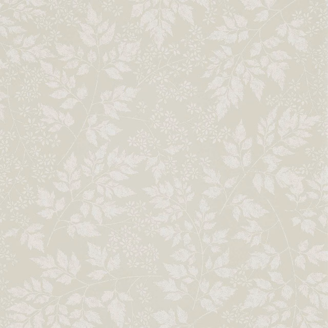 Pale barley beige wallpaper with ivory trailing leaves, stems and delicate floral sprays