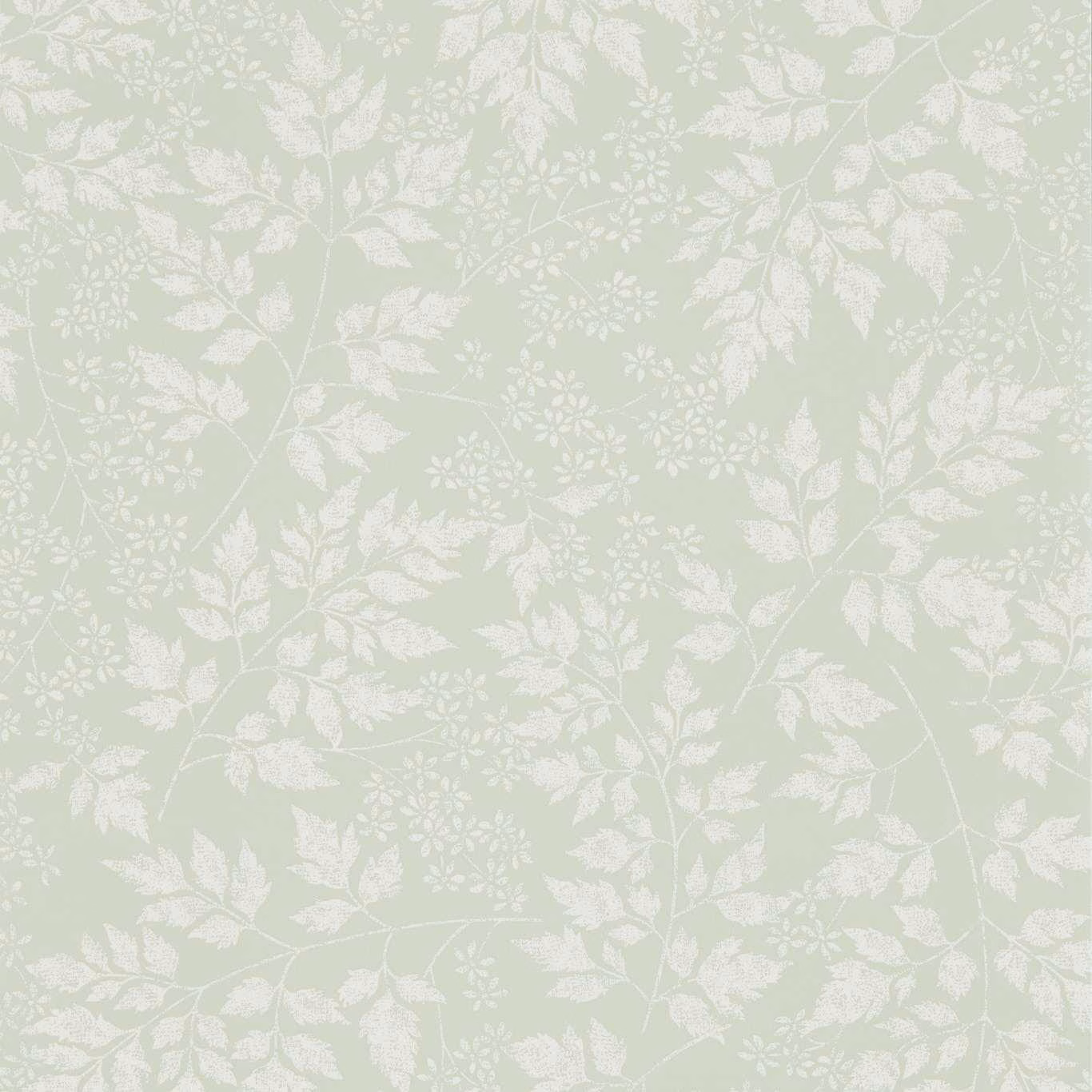 Pale celadon wallpaper with ivory leafy branches, sprigs and fine botanical detail