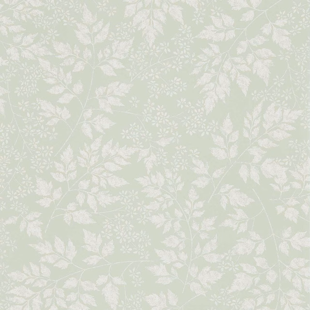 Pale celadon wallpaper with ivory leafy branches, sprigs and fine botanical detail