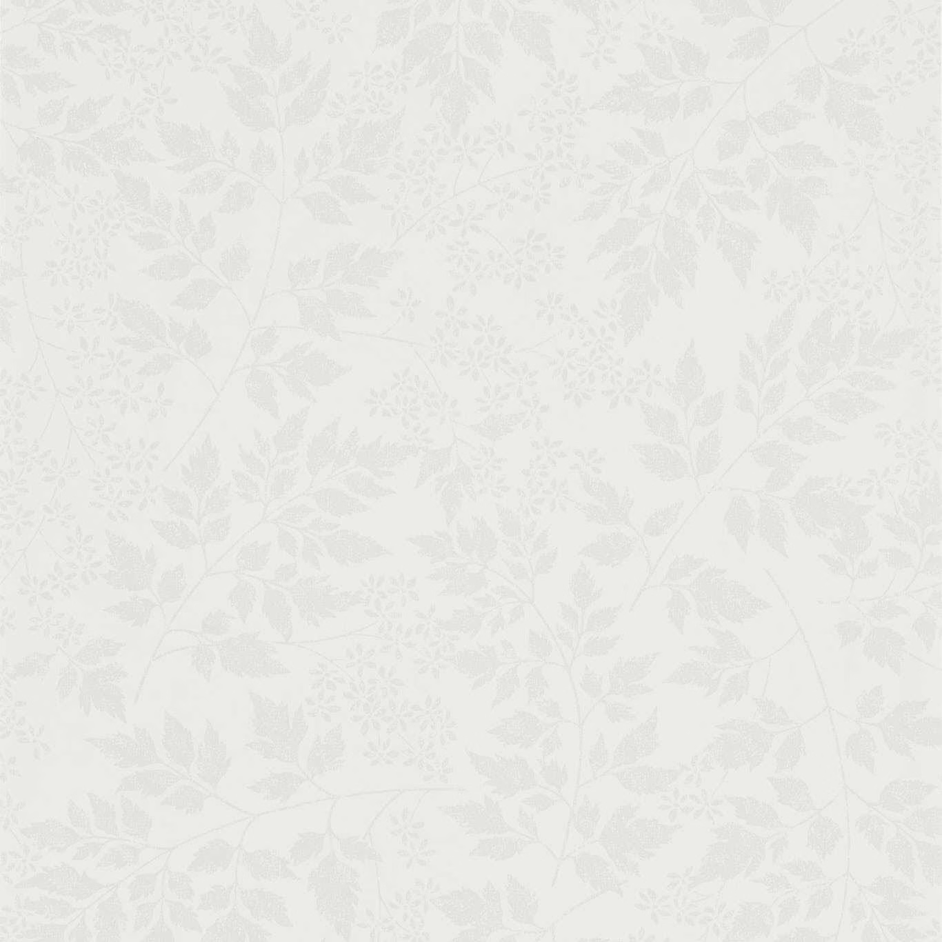Pale dove-grey wallpaper with delicate trailing leaves and tiny flower heads