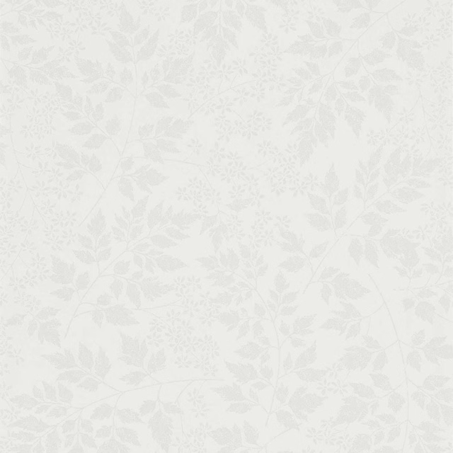 Pale dove-grey wallpaper with delicate trailing leaves and tiny flower heads
