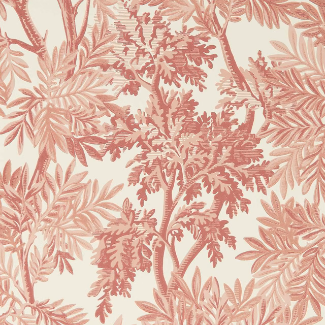 Ivory wallpaper with layered berry and pink-clay woodland leaves and fine botanical detailing