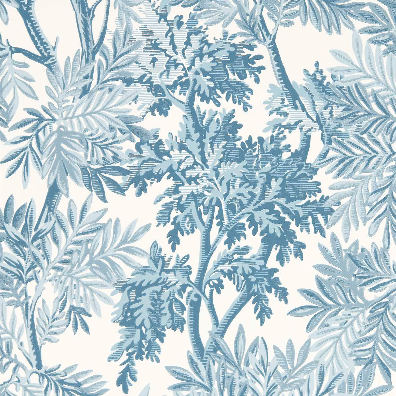 Muted pottery-blue botanical branches and pale foliage on a warm cream wallpaper ground