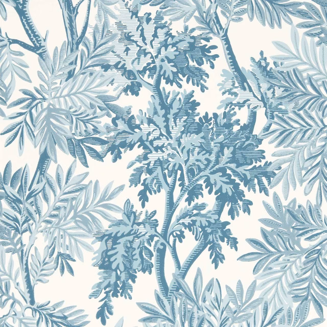 Muted pottery-blue botanical branches and pale foliage on a warm cream wallpaper ground