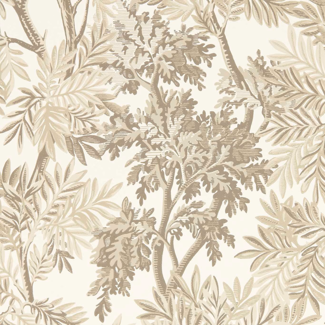 Cream wallpaper with taupe chocolate branches and dense leafy woodland foliage