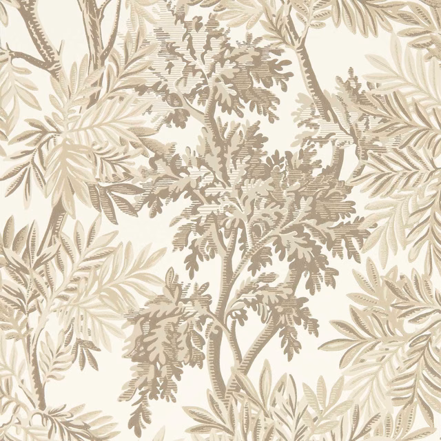 Cream wallpaper with taupe chocolate branches and dense leafy woodland foliage