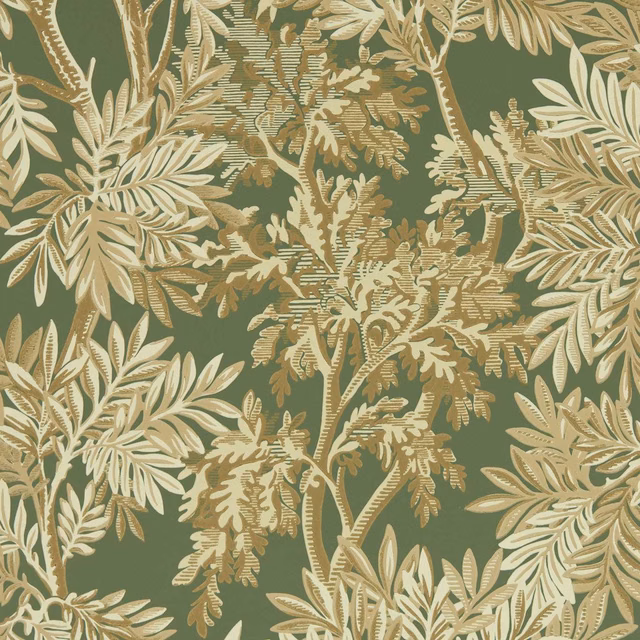 Muted woodland green wallpaper with dense cream fern and leafy botanical trails