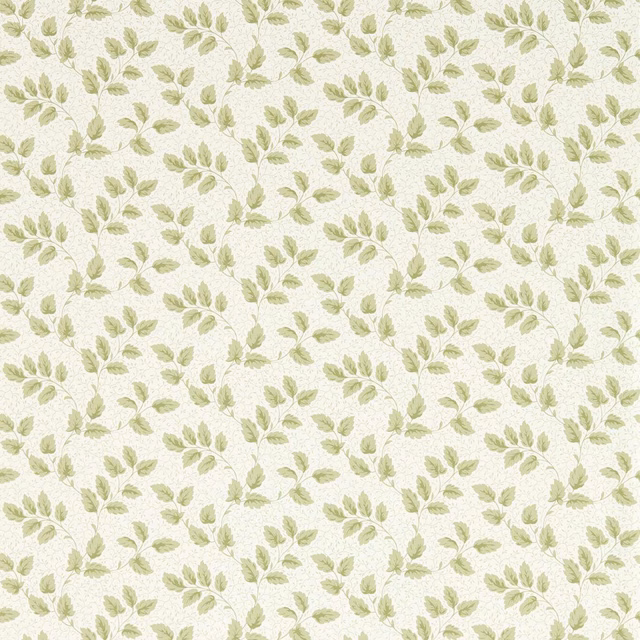 Warm cream wallpaper with small pale sage botanical sprigs and fine texture