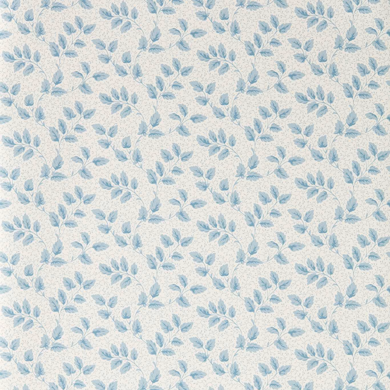 Pale Wedgwood blue leafy sprigs scattered across a warm cream wallpaper ground