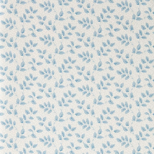 Pale Wedgwood blue leafy sprigs scattered across a warm cream wallpaper ground