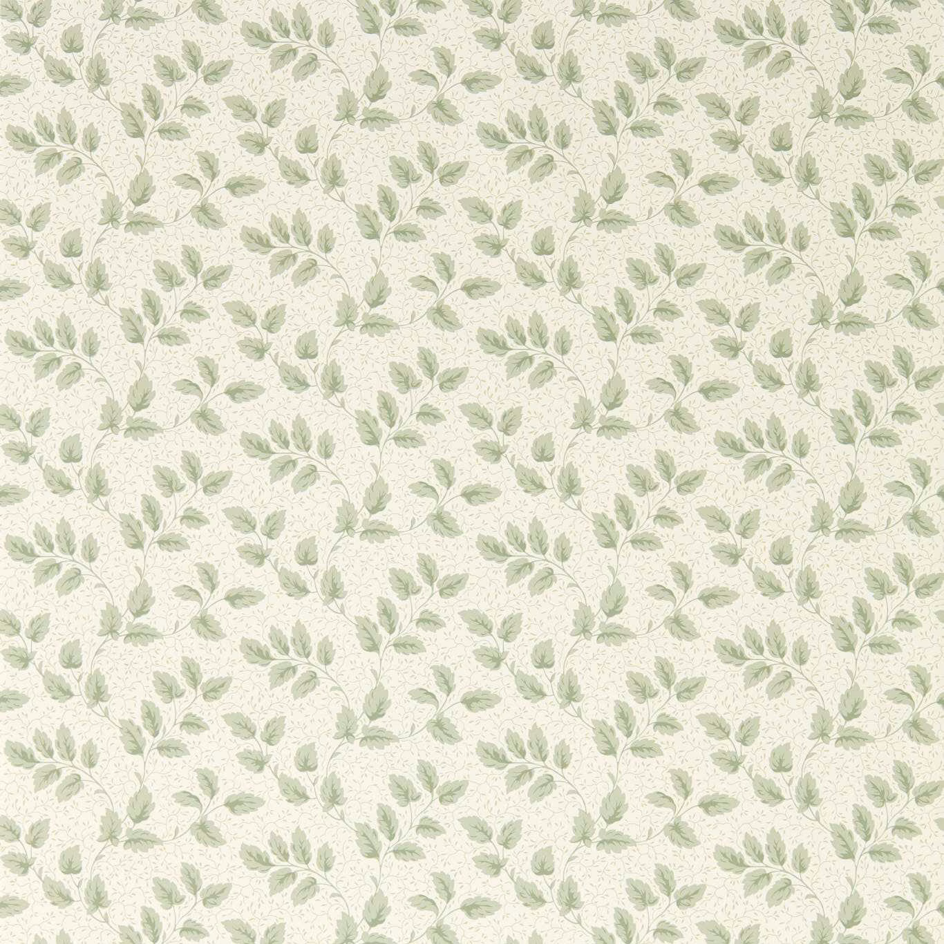 Soft sage leafy sprigs scattered across a warm cream textured wallpaper ground