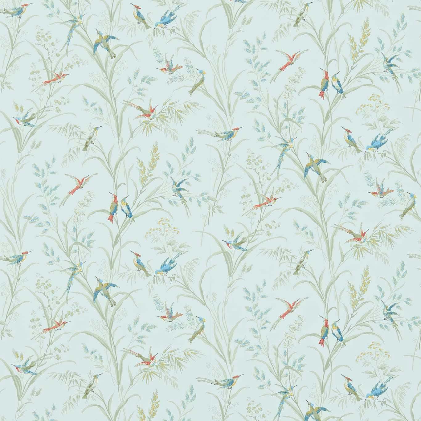 Pale sage wallpaper with trailing foliage and colourful coral, blue and yellow woodland birds