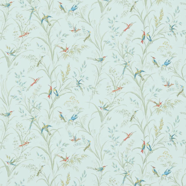 Pale sage wallpaper with trailing foliage and colourful coral, blue and yellow woodland birds