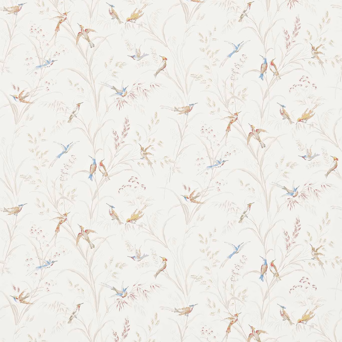 Ivory-taupe wallpaper with delicate flowering stems and muted multicoloured birds