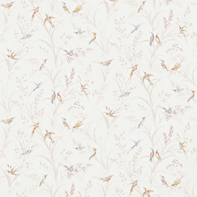 Ivory-taupe wallpaper with delicate flowering stems and muted multicoloured birds