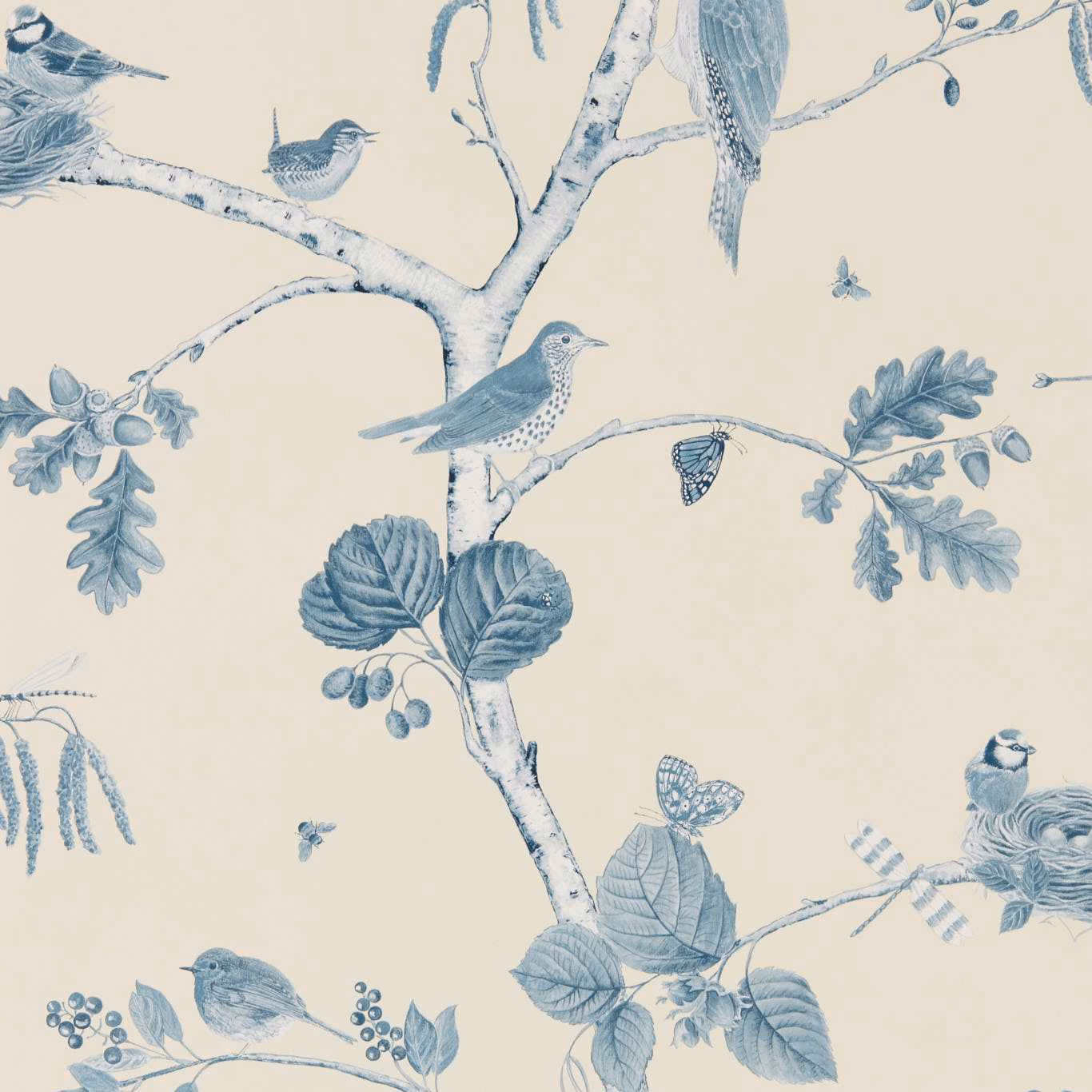 Muted indigo-blue birds and branches on warm ecru woodland wallpaper