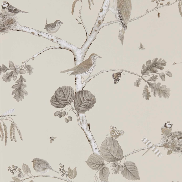 Sepia woodland wallpaper with birds, butterflies, oak leaves and pale branching trees