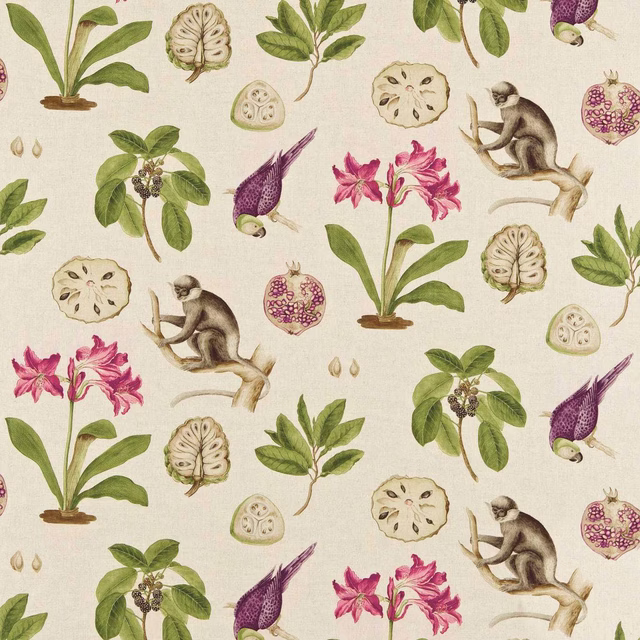 Cream ground fabric with green leaves, plum birds, monkeys and magenta flowers