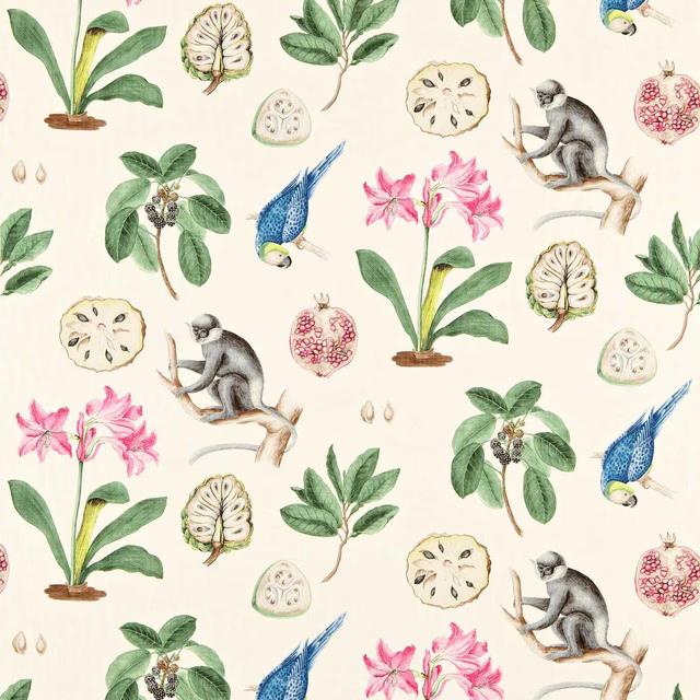 Cream-ground botanical print with monkeys, birds, fruit and pink flowers